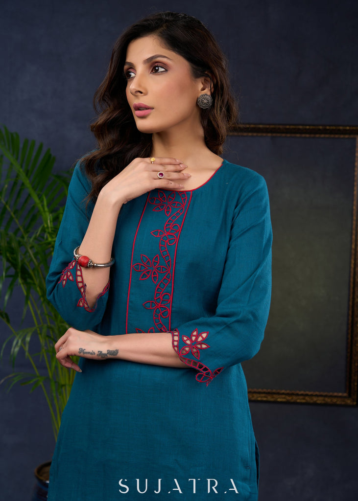 Teal Trendy Tunic With Intricate Cut Work - Pant Optional