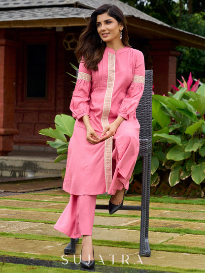 Elegant Baby pink rayon kurta delicately highlighted with lace detailing-pant optional