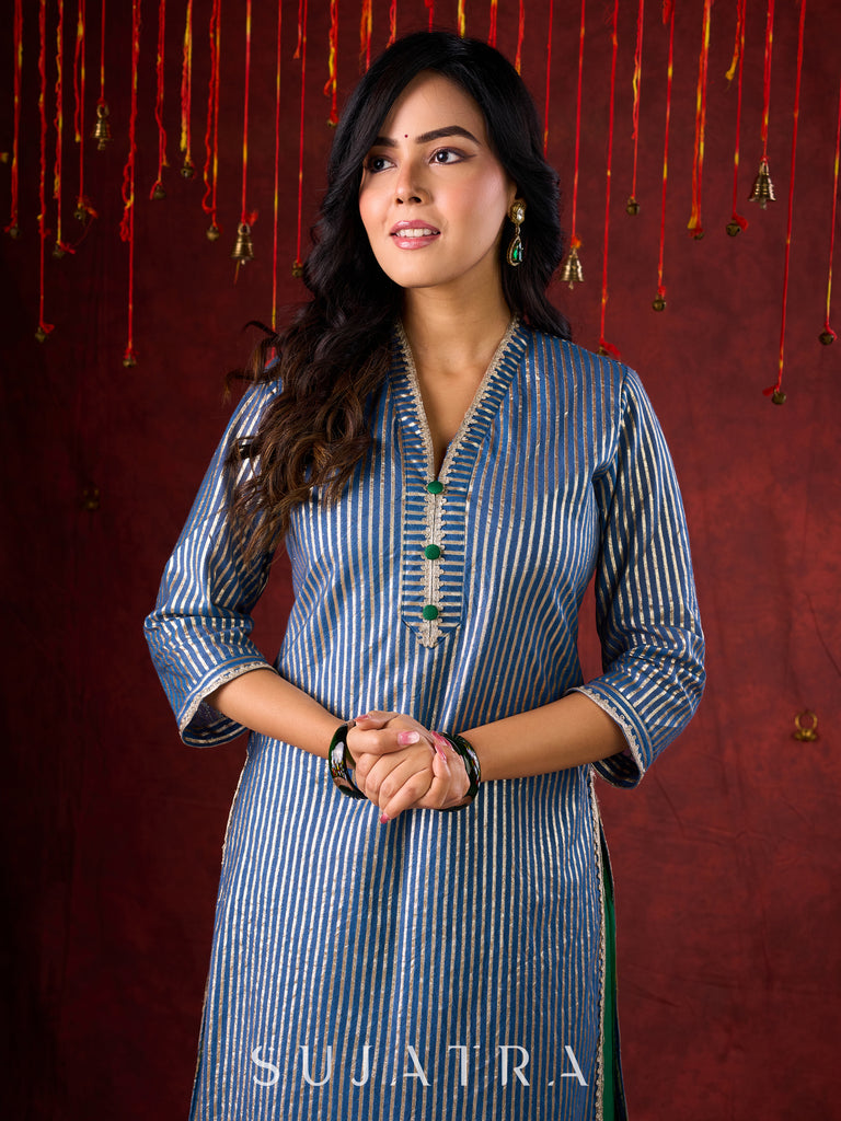Midnight Blue Brocade Kurta with Subtle Stripes & Minimal Embellishments
