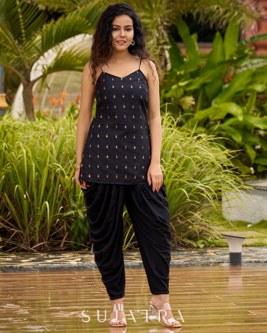 Graceful Black Silk Strappy Short Kurta Ensemble with Golden Butta - Dhoti pant Additional