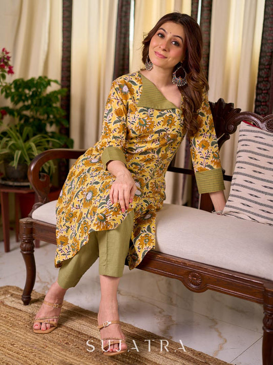 Bright Yellow Floral Print Cotton A-Line Kurta with Contrast Striped Cuff