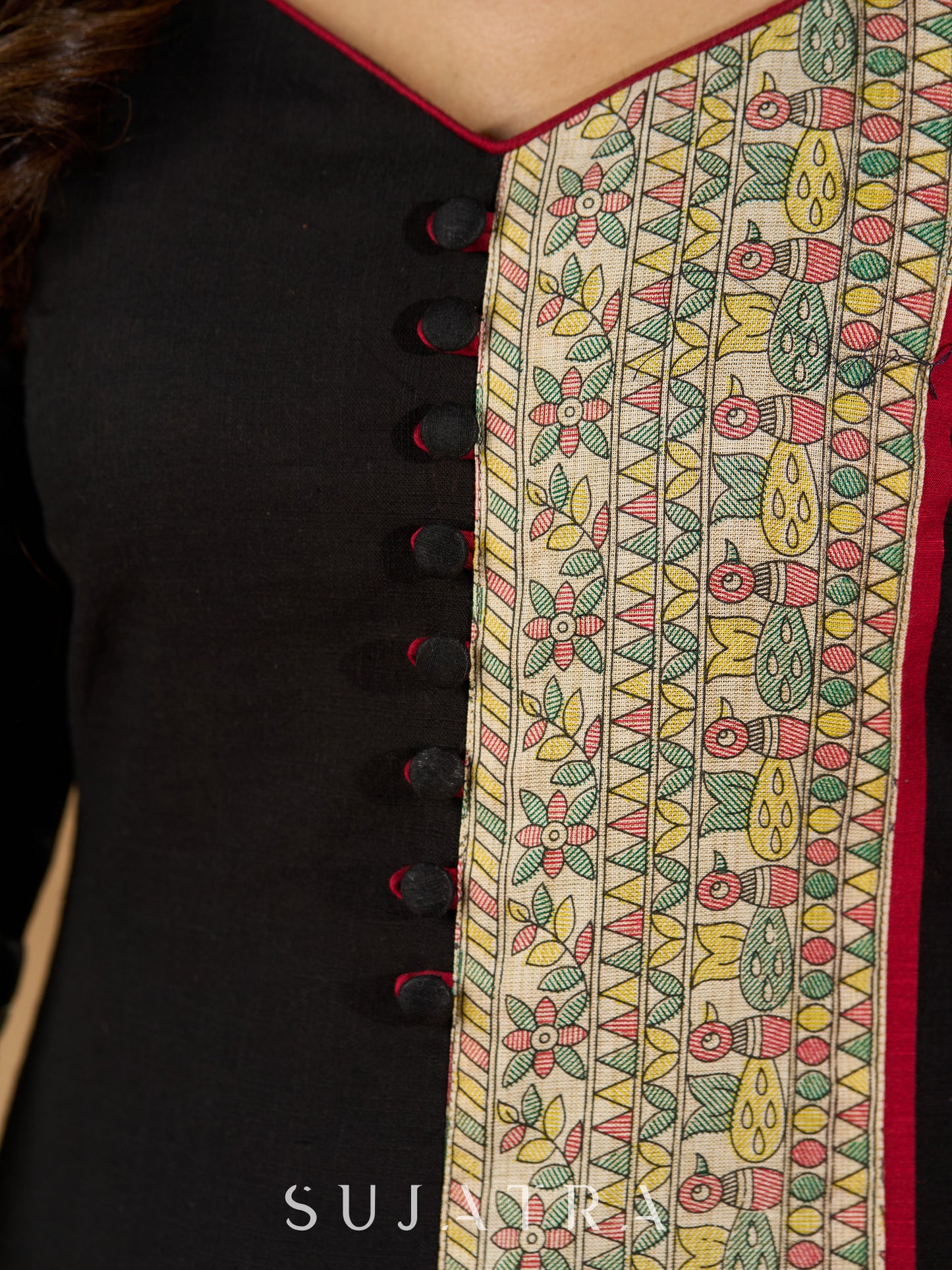Ebon Elegance Kurta with Maroon Lining and Madhubani Charm