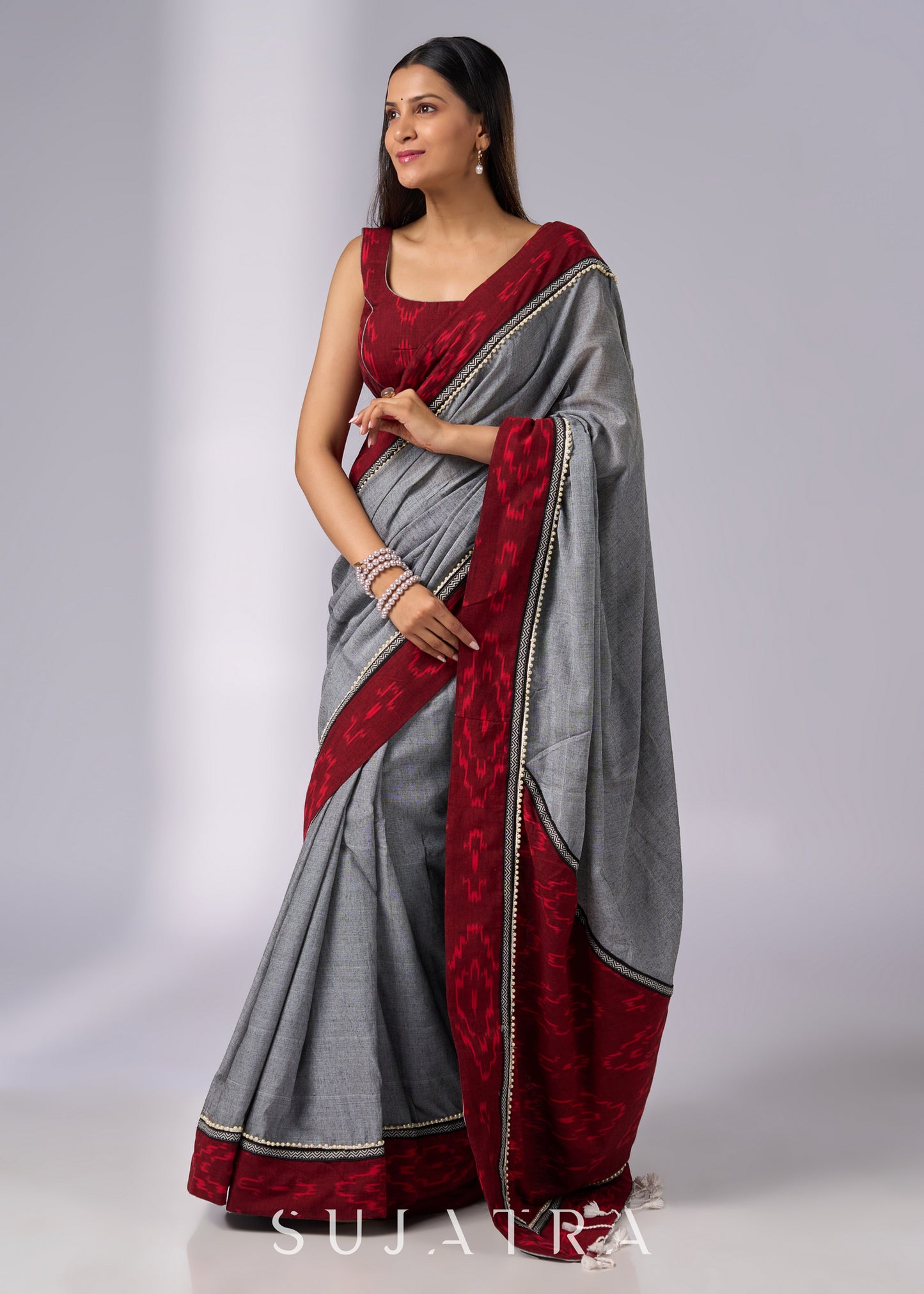 Elegant grey cotton saree with maroon Ikat borders