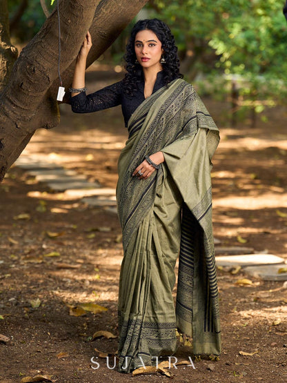 Natural Sage Green Cotton Saree with Traditional Black Hand Block Printed Border