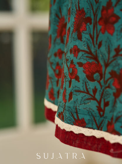 Flowy Green Floral Printed Cotton Dress with Flared Silhouette, Maroon Contrast Trims, and Crochet Lace Edges