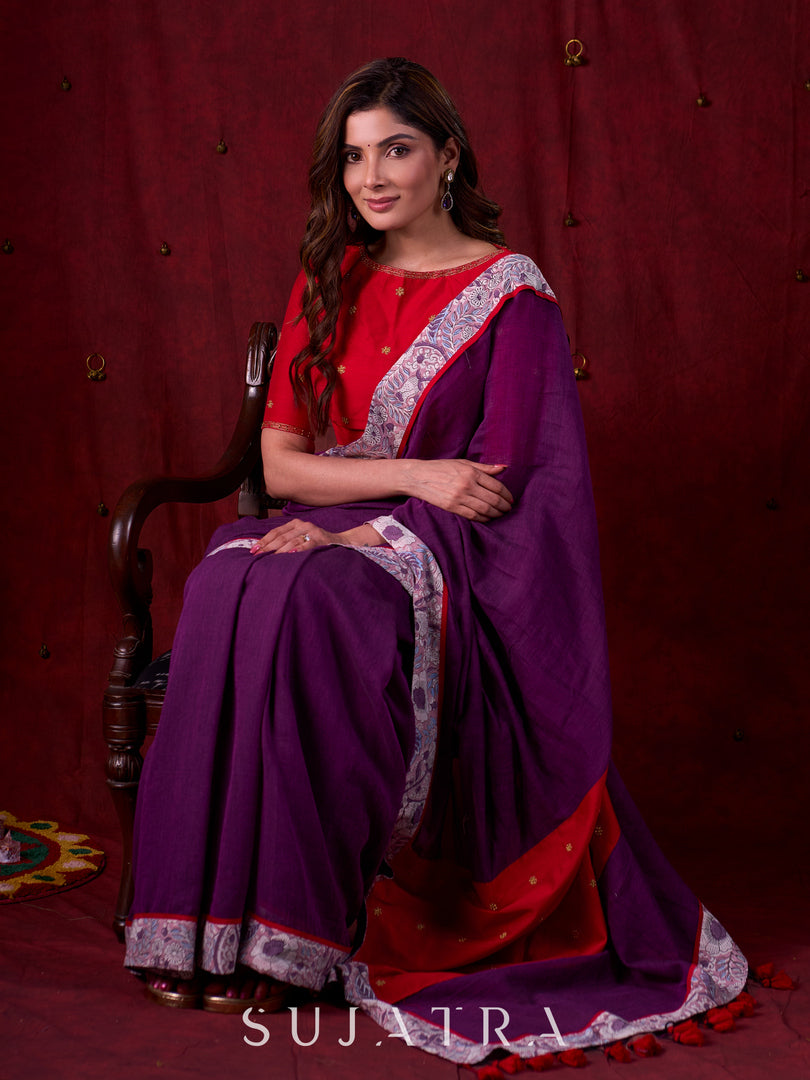 Ethereal Dual-Tone Purple Mul Cotton Saree with Floral Border, Red Tassel Highlights & Intricate Embroidered Pallu