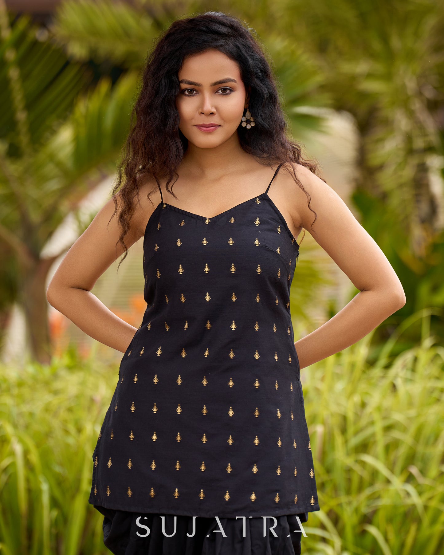 Graceful Black Silk Strappy Short Kurta Ensemble with Golden Butta - Dhoti pant Additional