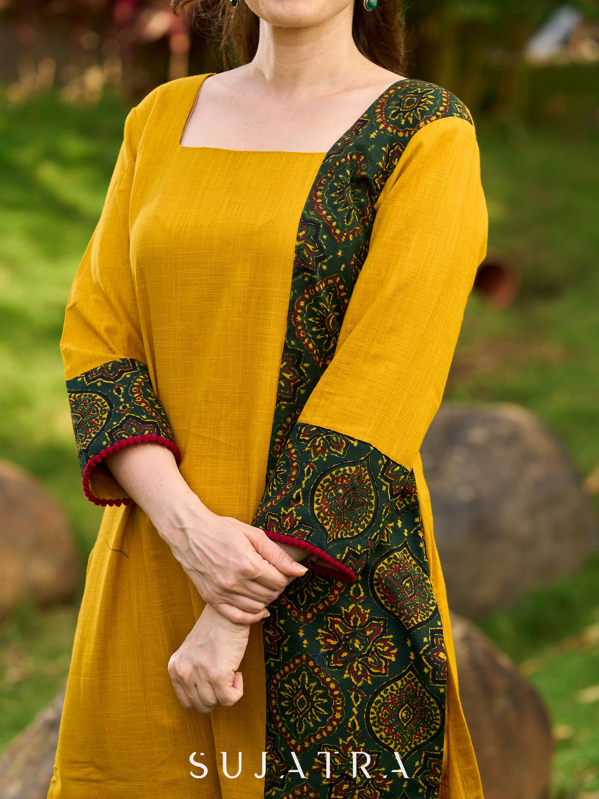 Elegant Mustard Cotton Kurta with Contrast Green Mughal Printed Border Panels - Pant Optional