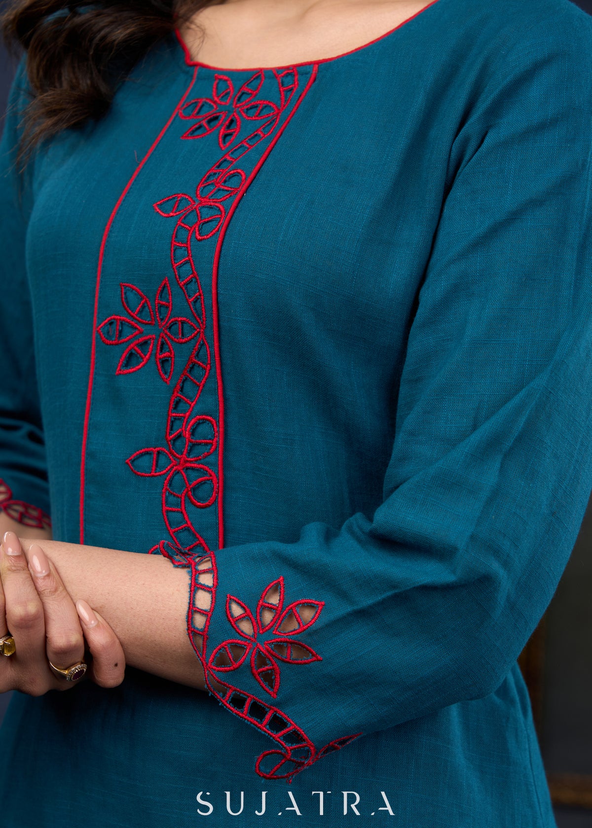 Dussehra Sale — Teal Trendy Tunic With Intricate Cut Work - Pant Optional