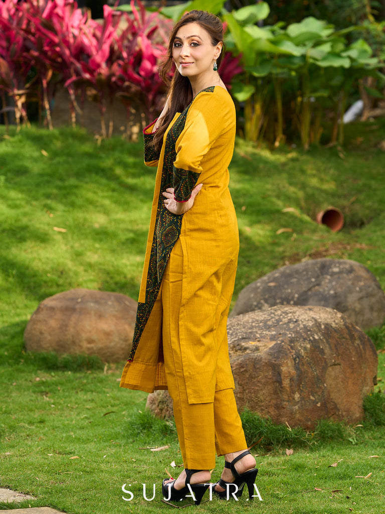 Elegant Mustard Cotton Kurta with Contrast Green Mughal Printed Border Panels
