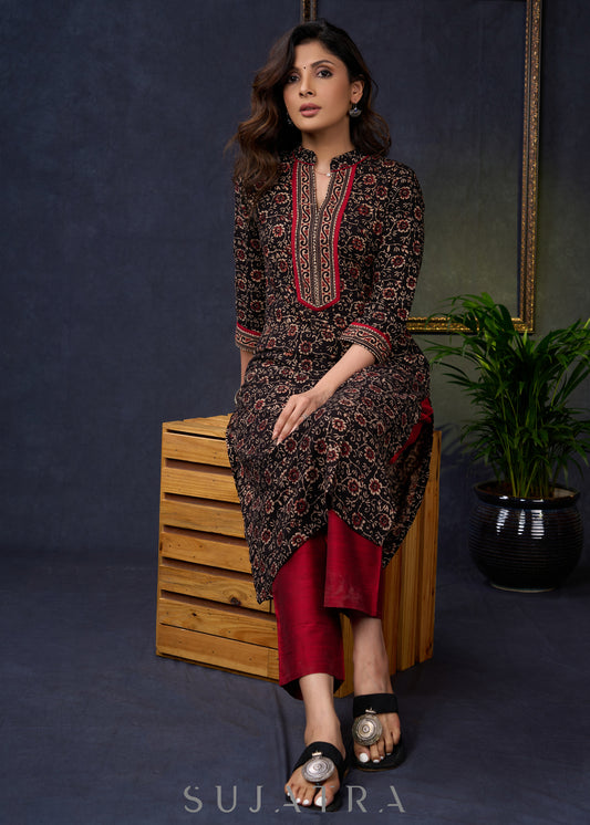 Trendy-Floral-Black-Cotton-Ajrakh-Straight-Cut-Combination-Kurta--Pant-Optional