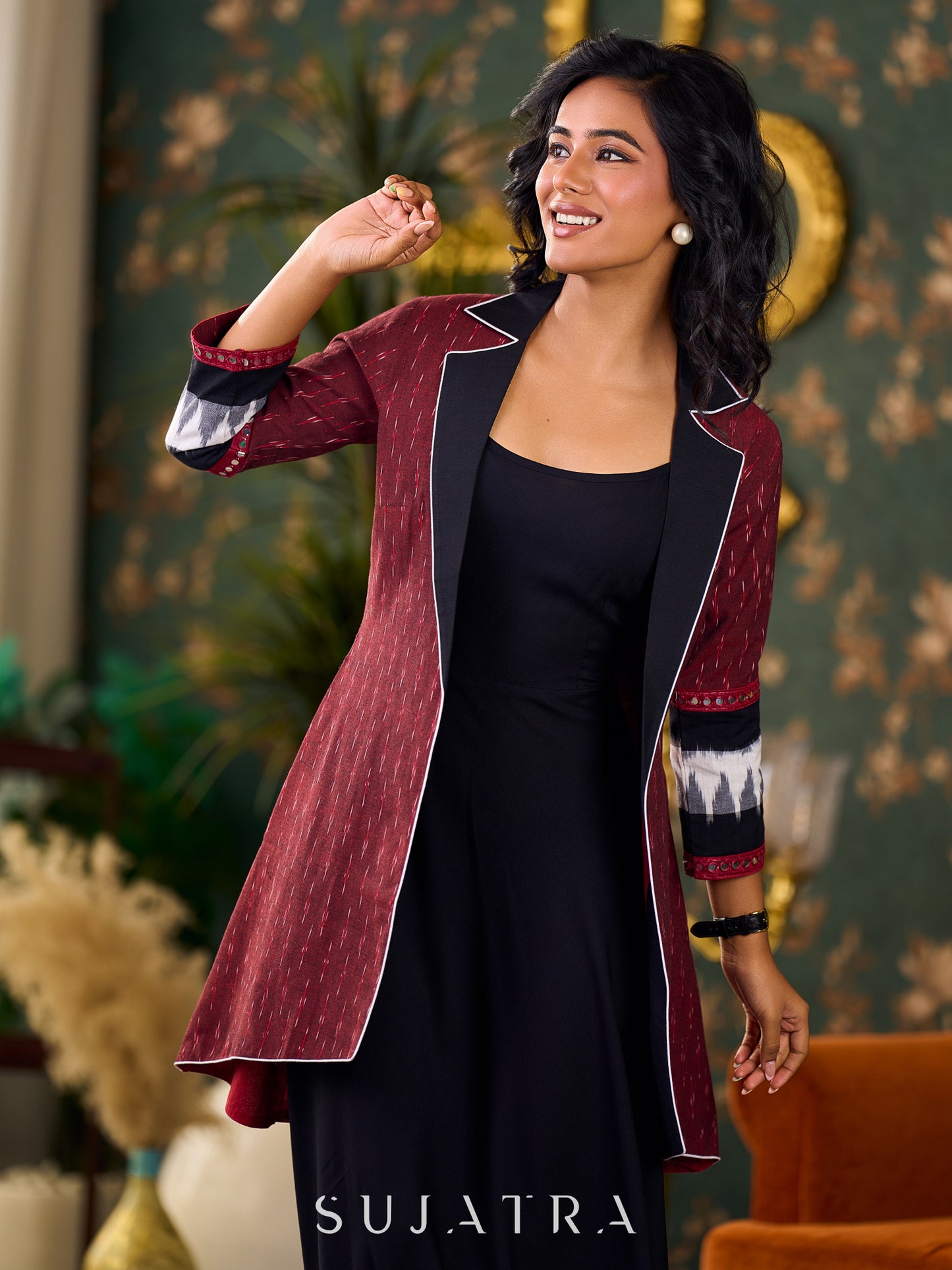 Elegant Maroon Ikat Jacket Featuring Black Collar and Delicate Mirror Lace Embellishments - Dress Optional