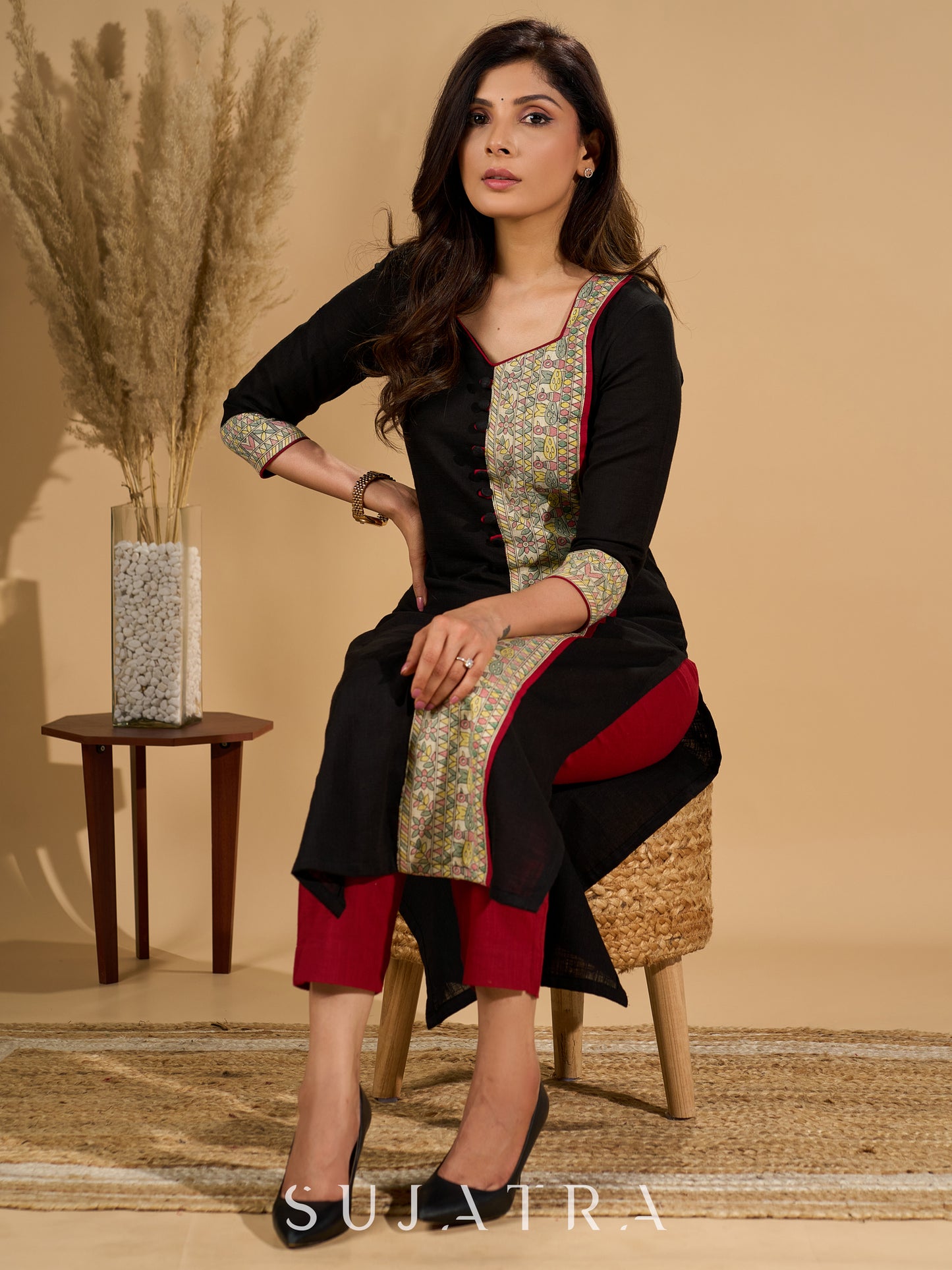Ebon Elegance Kurta with Maroon Lining and Madhubani Charm