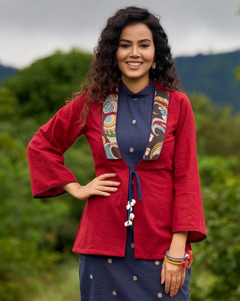 Radiant Maroon Cotton Boho Jacket with Kalamkari Border & Shell Embellishments