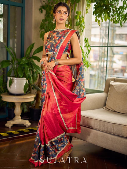 Classic Navy Saree Featuring Digital Rose Floral Print & Vibrant Red Tissue Contrast Border & Gold Trim