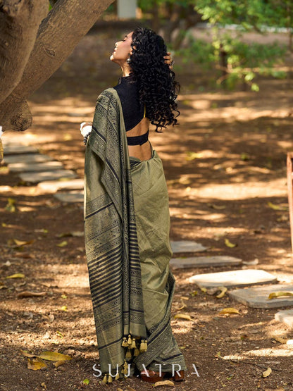Natural Sage Green Cotton Saree with Traditional Black Hand Block Printed Border