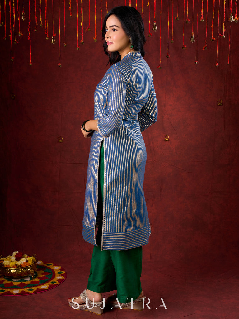 Midnight Blue Brocade Kurta with Subtle Stripes & Minimal Embellishments
