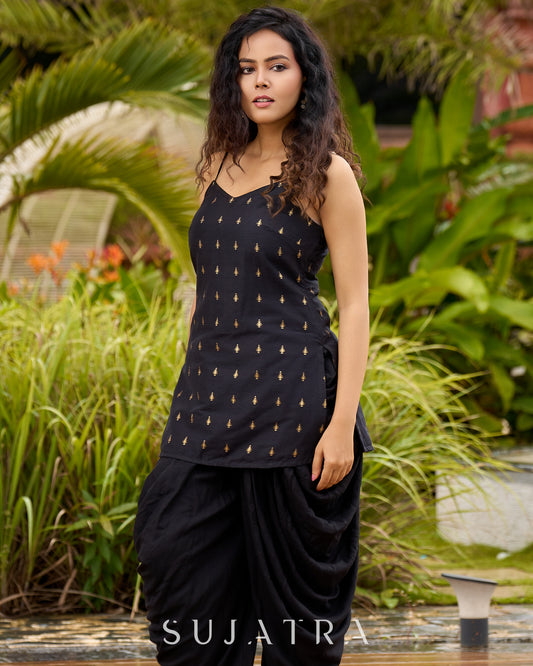 Graceful Black Silk Strappy Short Kurta Ensemble with Golden Butta - Dhoti pant Additional