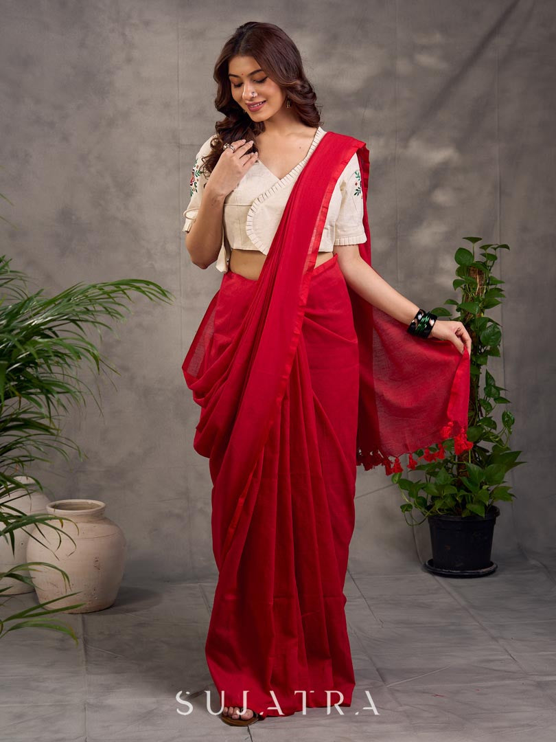 Ivory Cotton Blouse with Embroidered Floral Motif