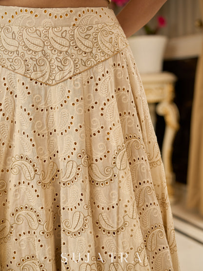A chic off-white Hakoba Lehenga with intricate gold embroidery accented by a bold, saffron yellow blouse - Gold embroidered hakoba Shrug Optional
