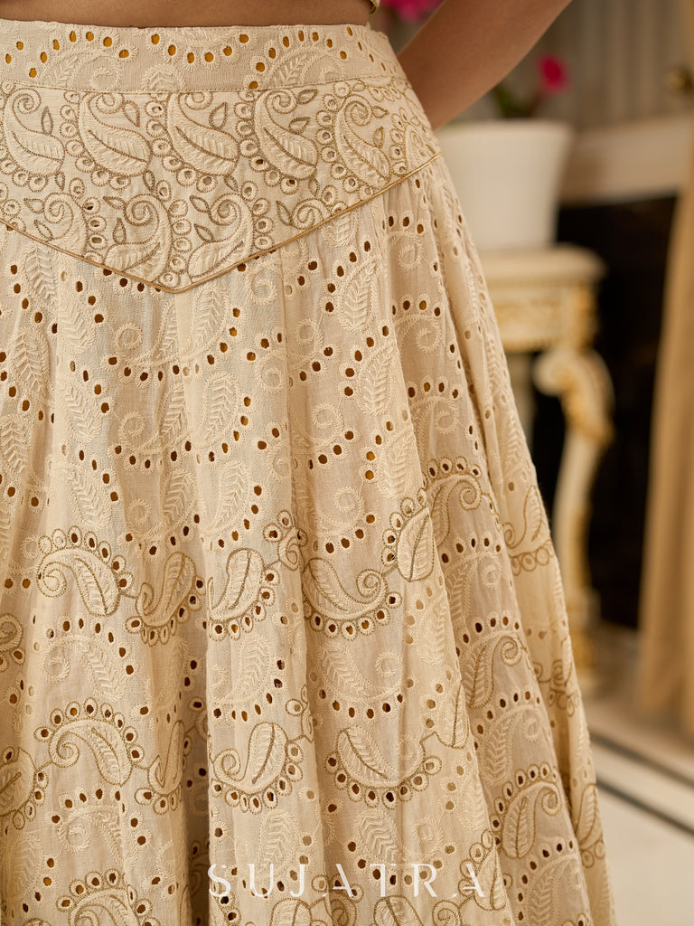 A chic off-white Hakoba Lehenga with intricate gold embroidery accented by a bold, saffron yellow blouse - Gold embroidered hakoba Shrug Optional
