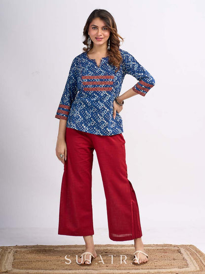 Indigo Geometric Printed Top with Ajrakh Border, Hand Kantha Stitches and Maroon Embellishments