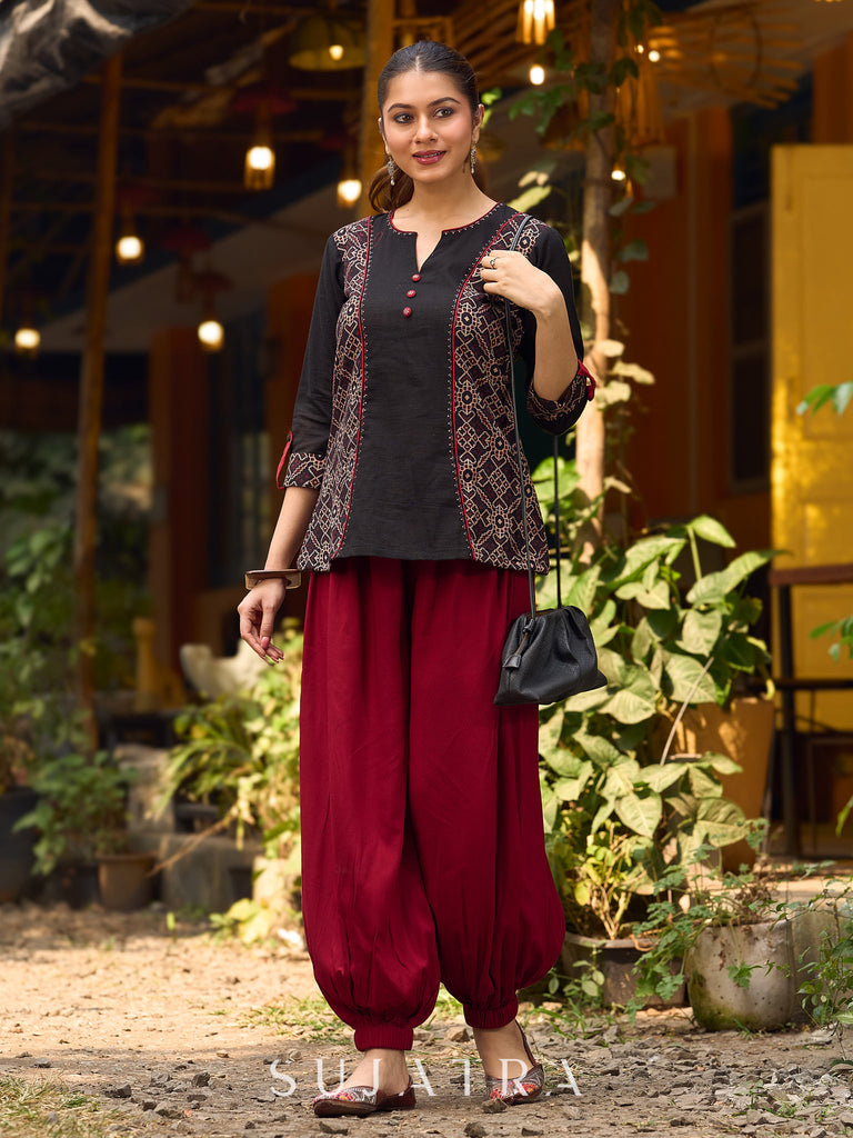 Chic Black Cotton Top Adorned With Geometric Ajrakh Panels And Artistic Hand Painted Highlights