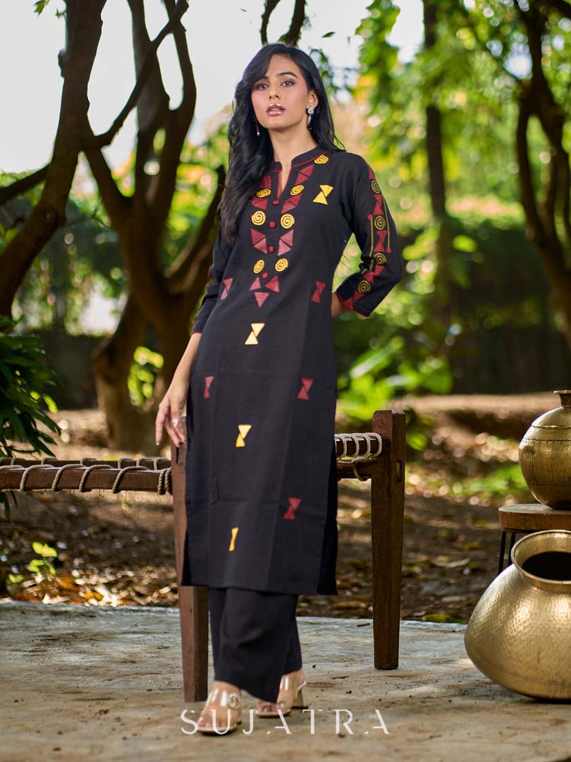 Elegant Black Cotton Kurta with Intricate Geometric Hand Block Print