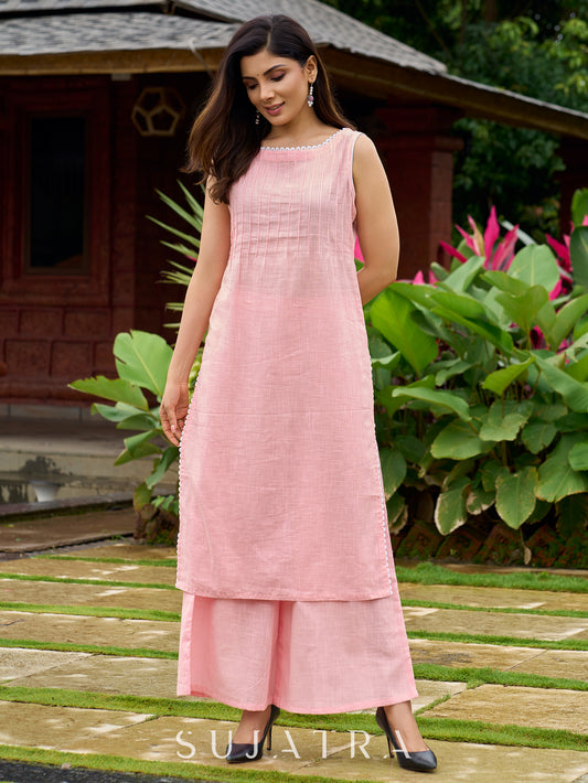 Baby pink kurta with fine stitch detailing Duppata & Pant optional