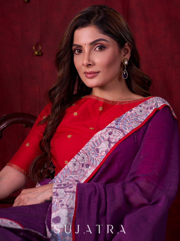 Crimson Cotton Silk Blouse Adorned with Fine Hand Embroidery