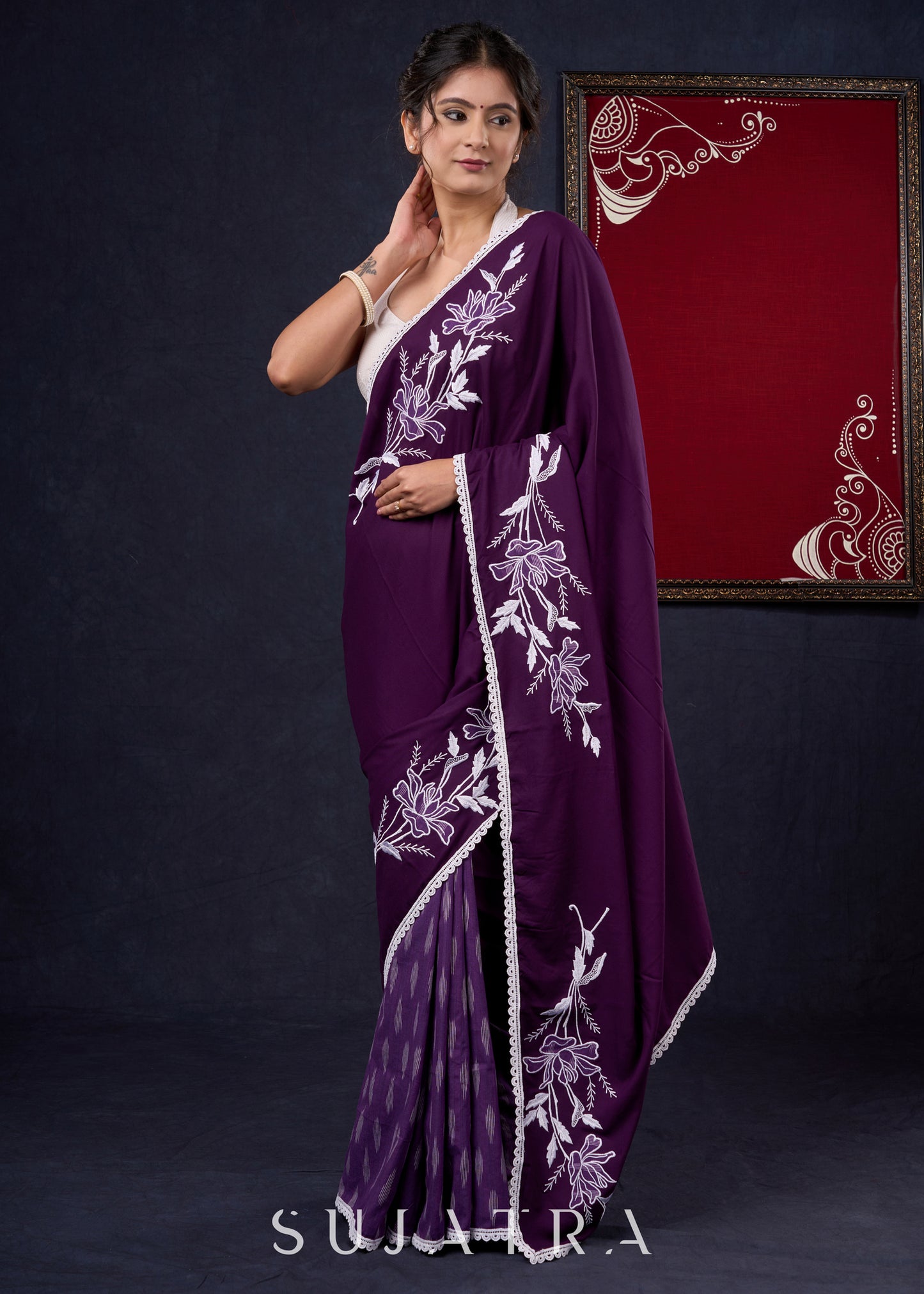 Exclusive Purple Rayon & Ikat Combination saree with Ornate embroidery & Lace border