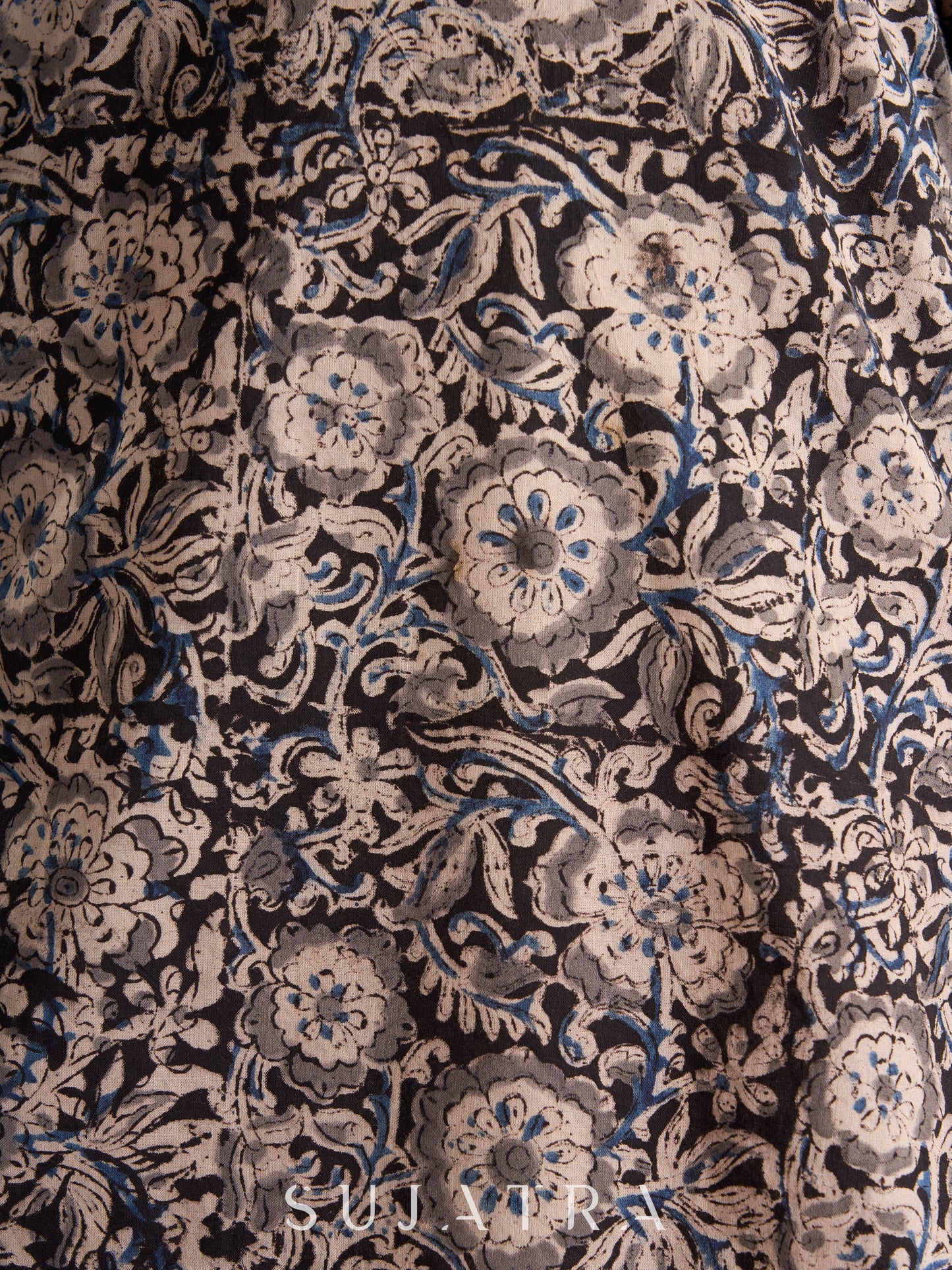 Elegant Black Kalamkari Cotton Kurta with Off-White Piping Accents