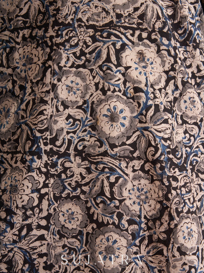 Elegant Black Kalamkari Cotton Kurta with Off-White Piping Accents