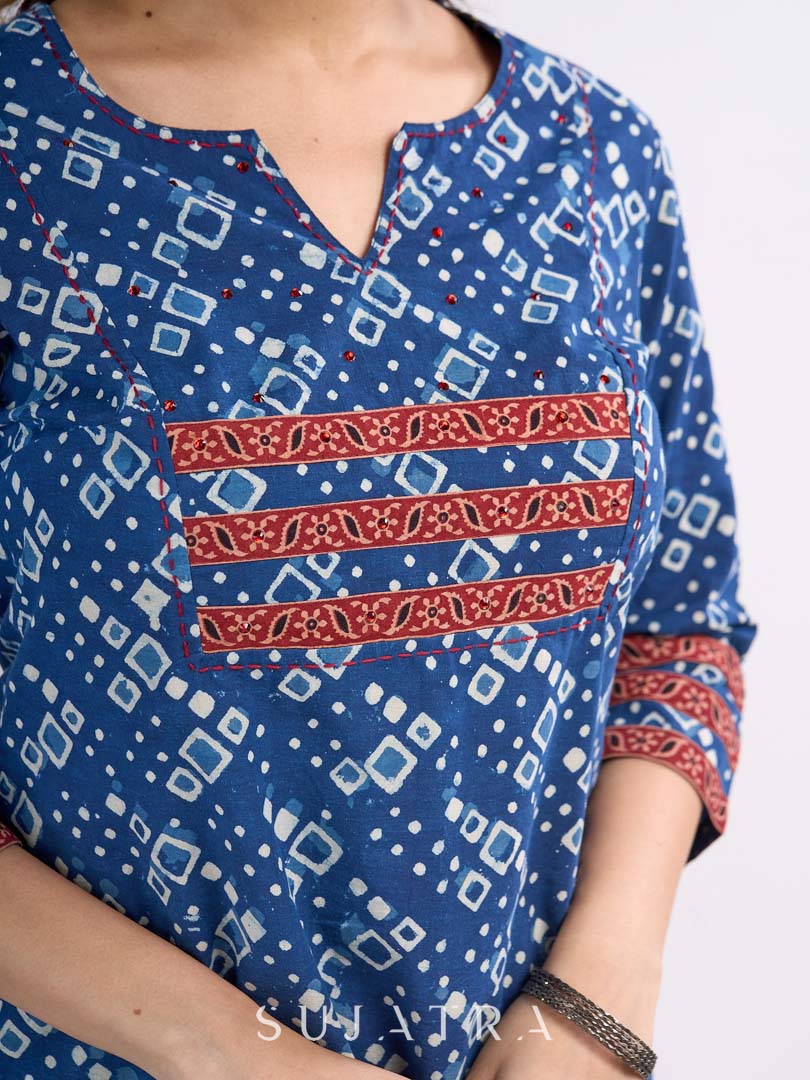 Indigo Geometric Printed Top with Ajrakh Border, Hand Kantha Stitches and Maroon Embellishments