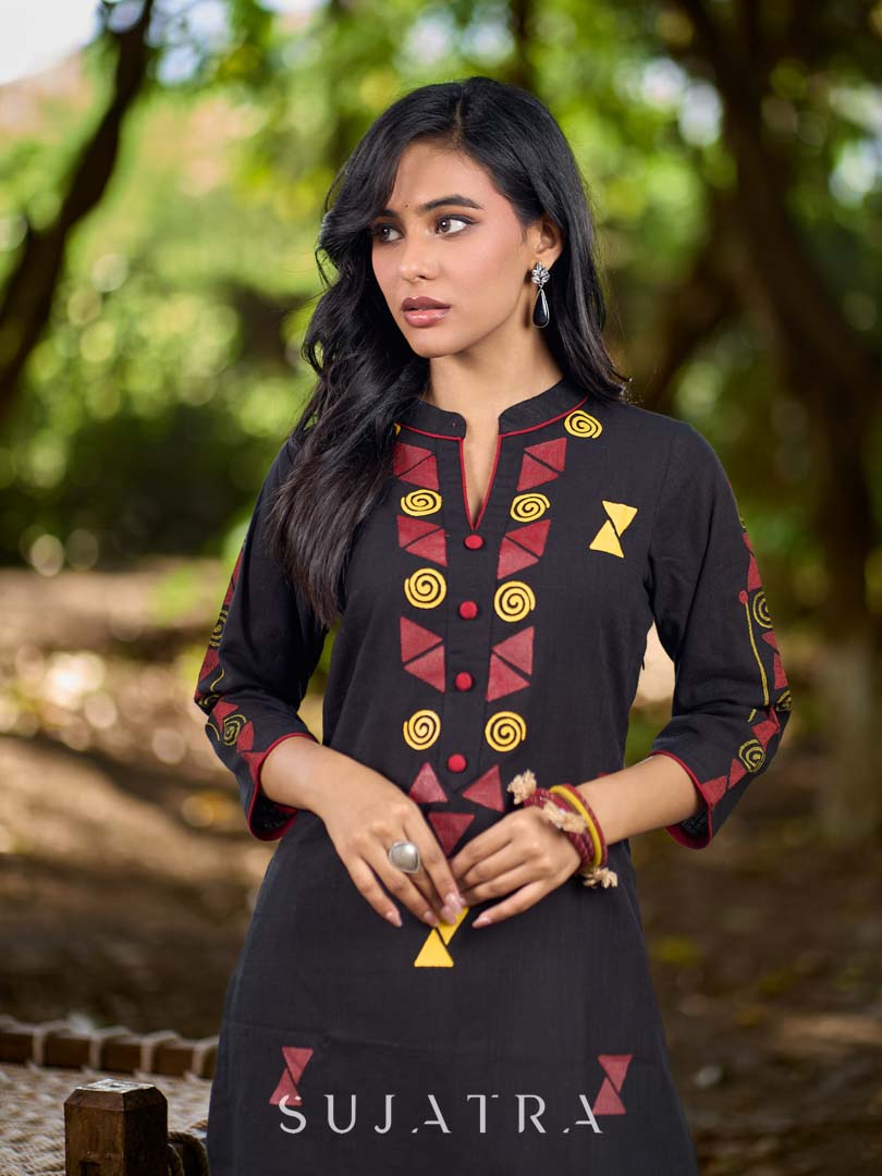 Elegant Black Cotton Kurta with Intricate Geometric Hand Block Print