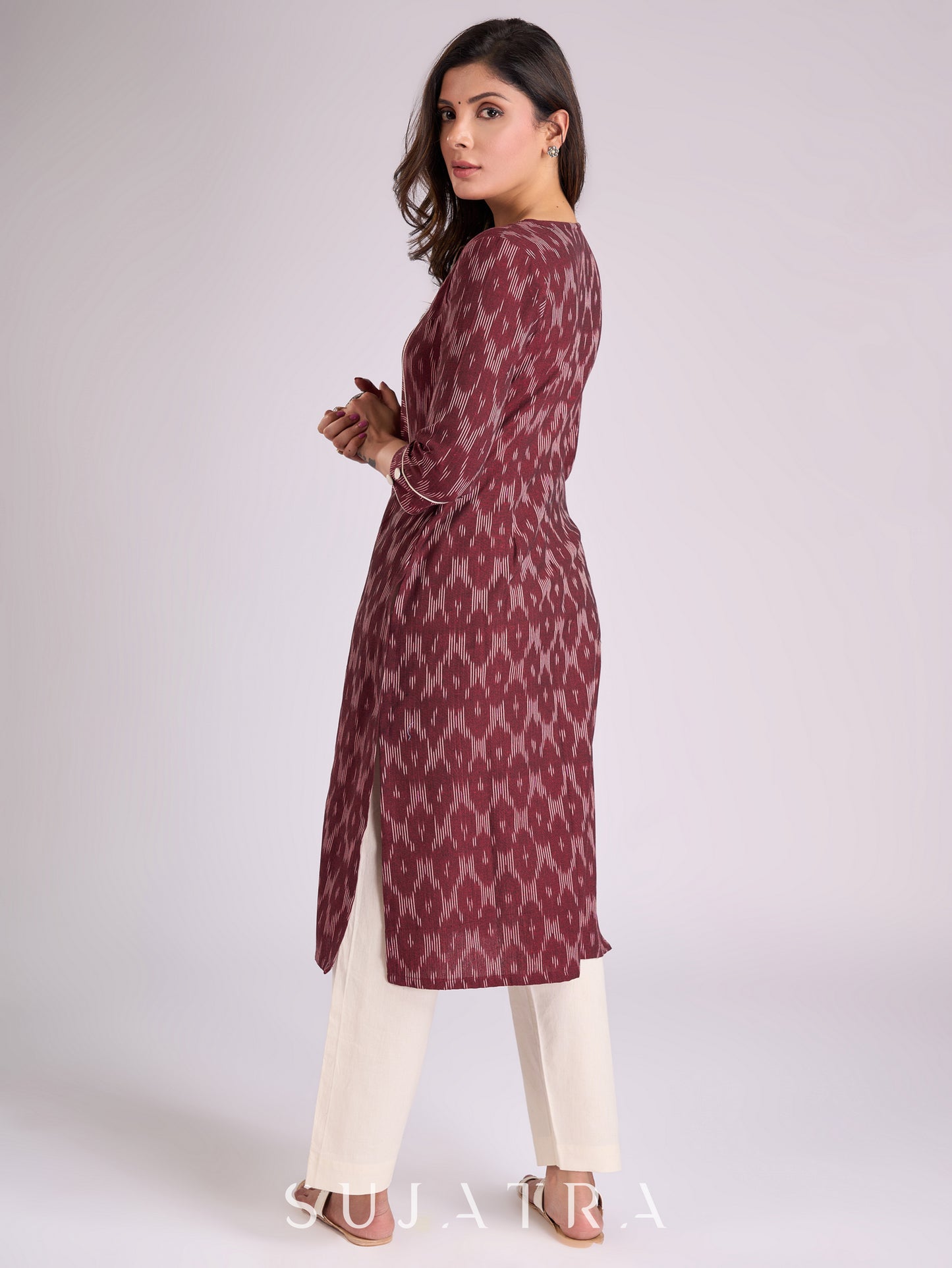 Sophisticated Maroon Ikat Cotton Kurta with Contrasting White Piping Accents