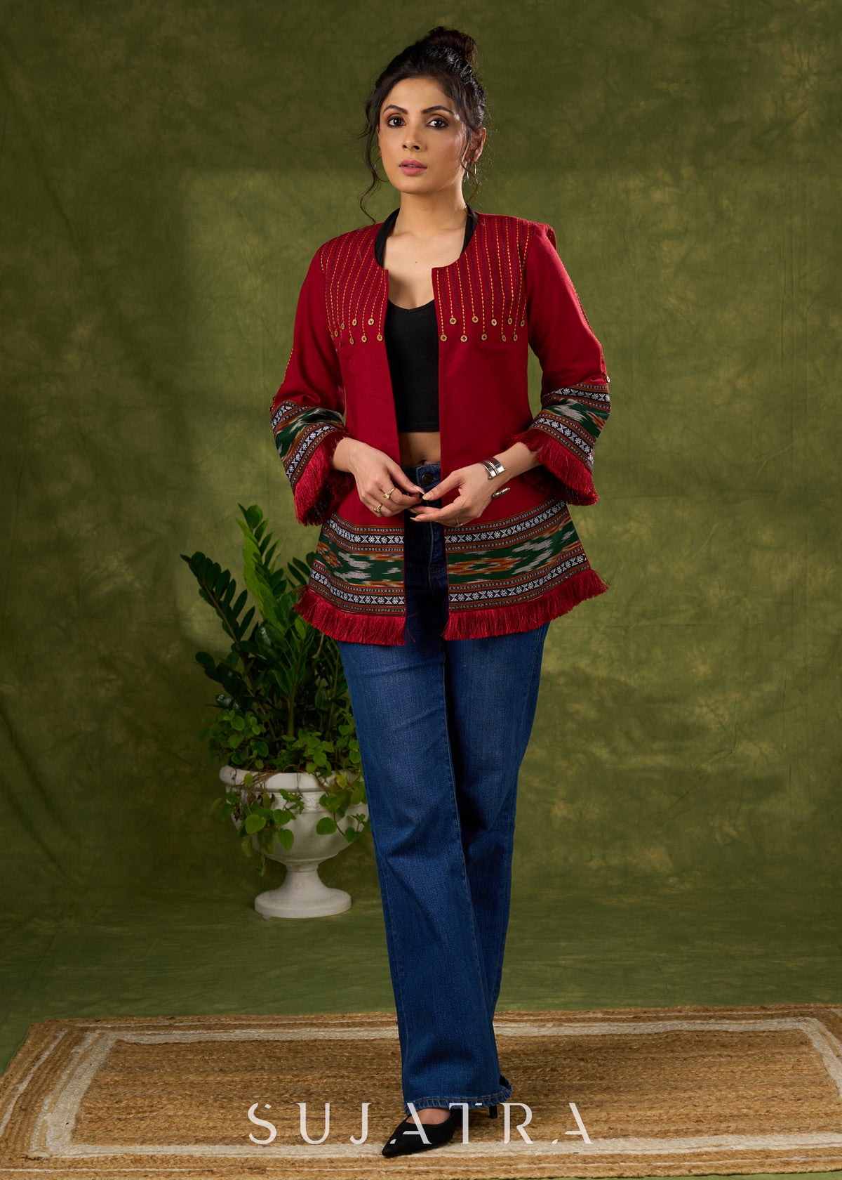 Dussehra Sale — Global Glamour : Maroon Embroidered Cotton Jacket With Intricate Ikat Trim & Statement Buttons
