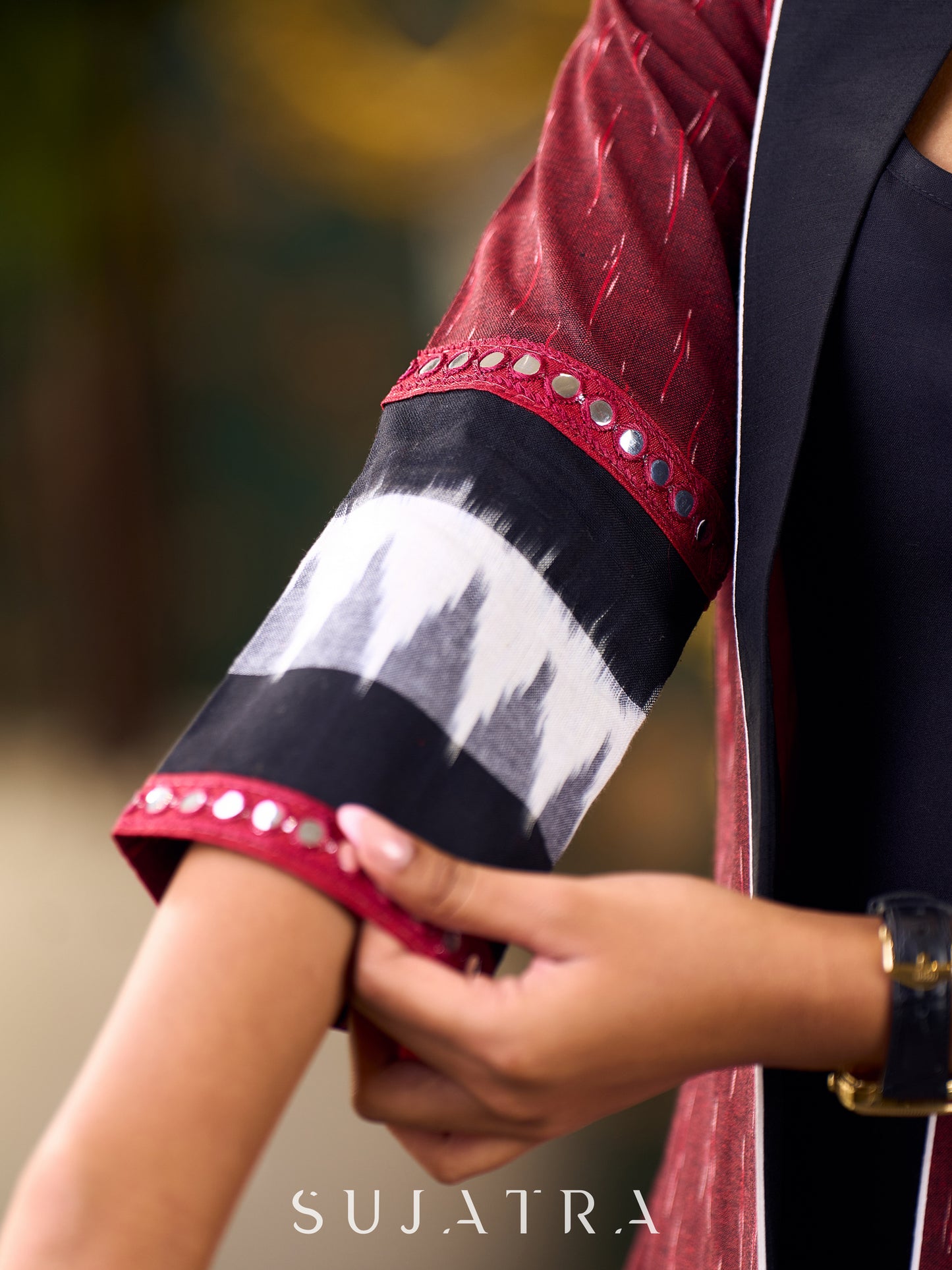 Elegant Maroon Ikat Jacket Featuring Black Collar and Delicate Mirror Lace Embellishments - Dress Optional