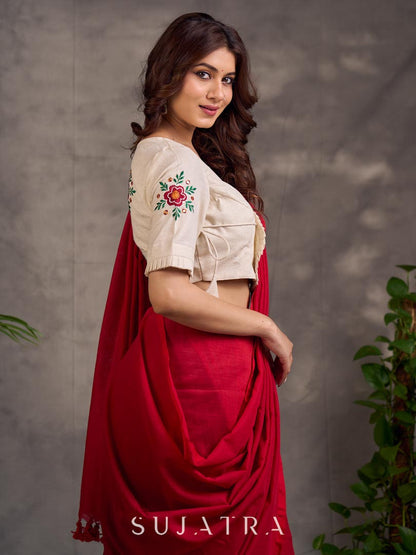Ivory Cotton Blouse with Embroidered Floral Motif