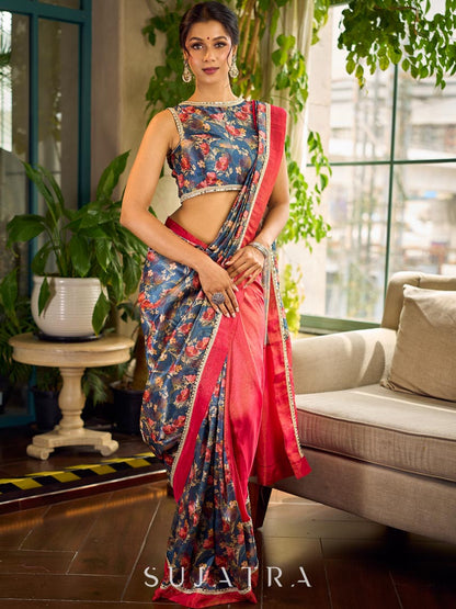 Classic Navy Saree Featuring Digital Rose Floral Print & Vibrant Red Tissue Contrast Border & Gold Trim