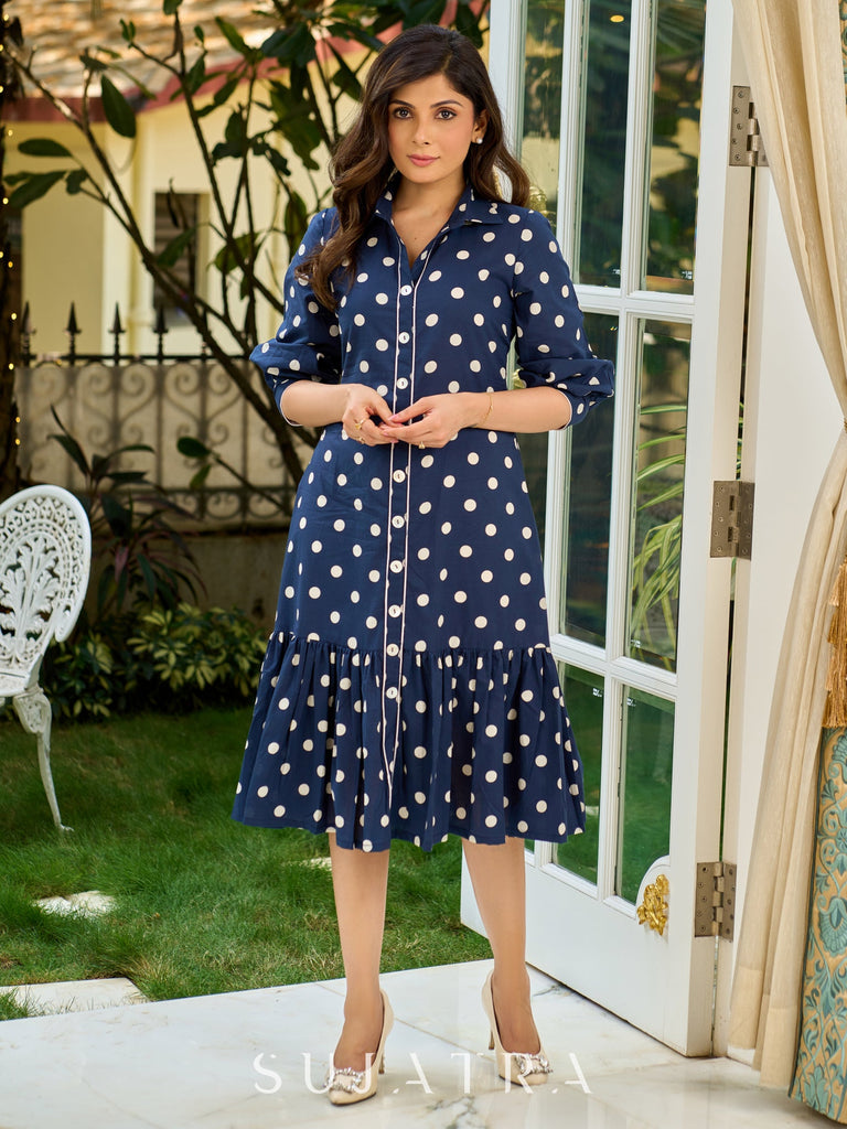 Playful Blue Polka-Dot Shirt Dress with Gathered Silhouette and Statement Shell Button Accents