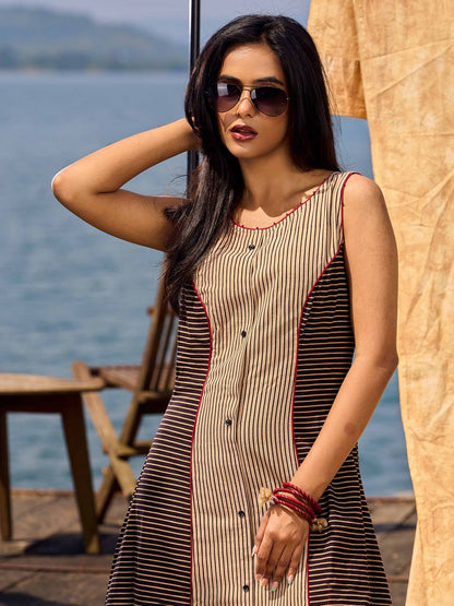 Black & Beige Ajrakh Cotton Dress with Structured Panel Design