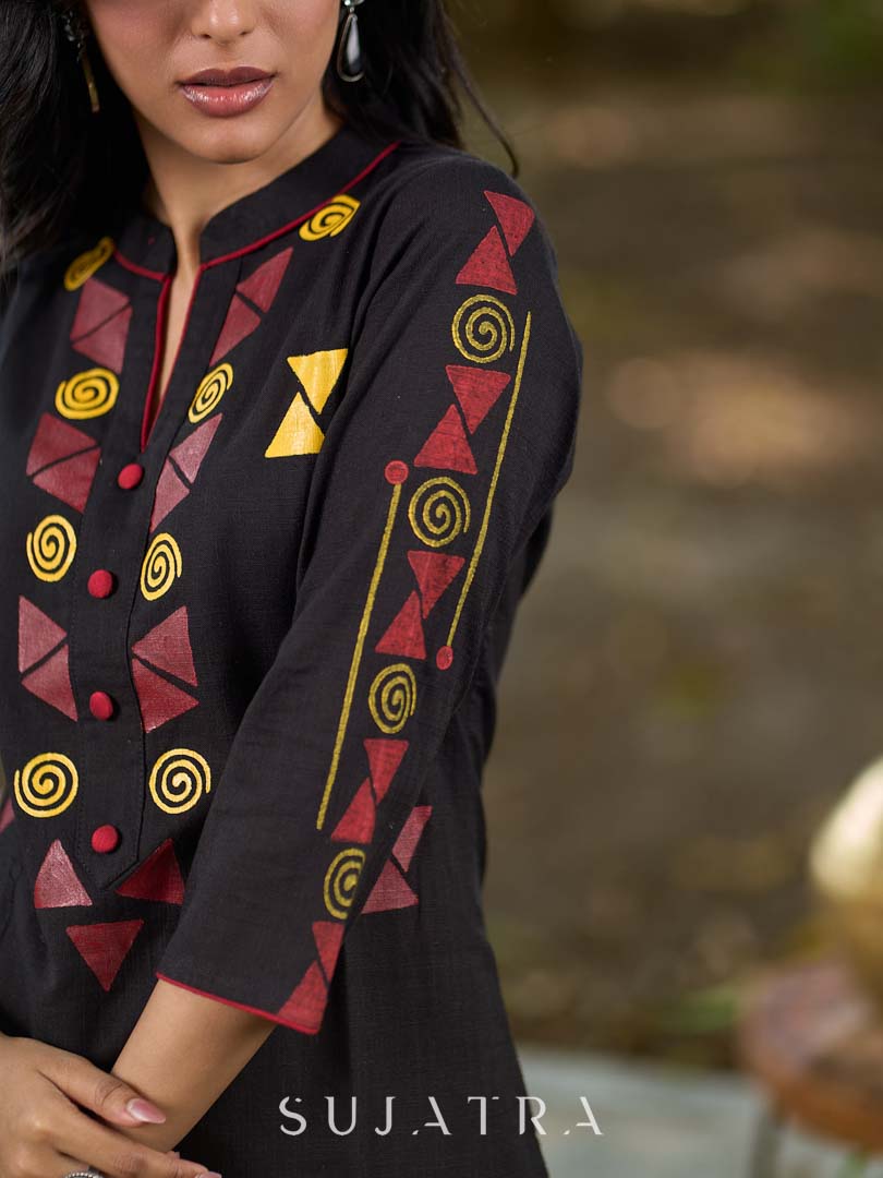 Elegant Black Cotton Kurta with Intricate Geometric Hand Block Print