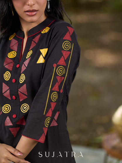 Elegant Black Cotton Kurta with Intricate Geometric Hand Block Print
