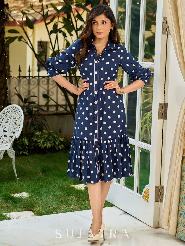 Playful Blue Polka-Dot Shirt Dress with Gathered Silhouette and Statement Shell Button Accents