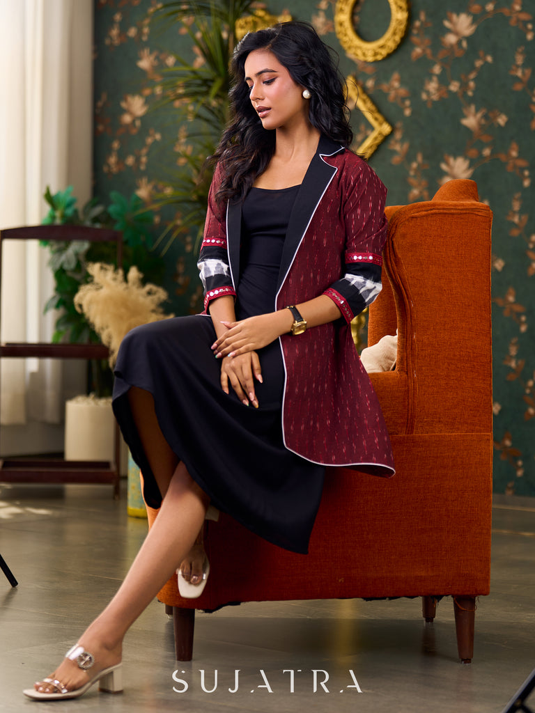 Elegant Maroon Ikat Jacket Featuring Black Collar and Delicate Mirror Lace Embellishments