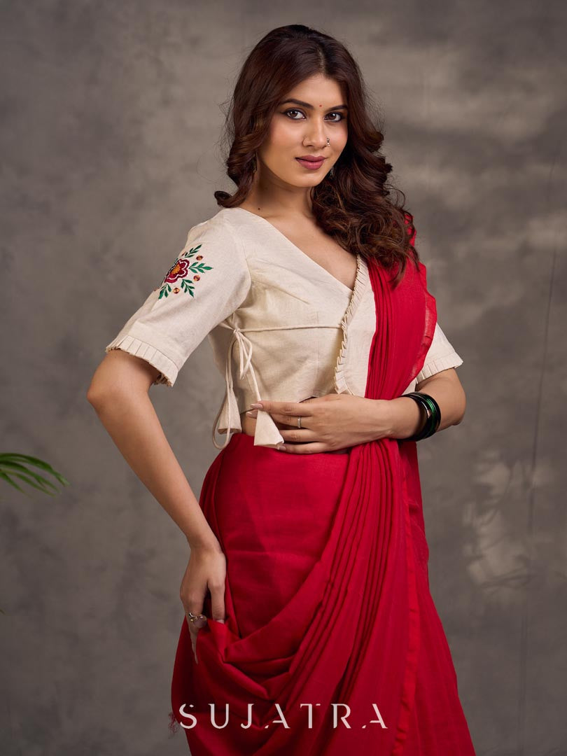 Ivory Cotton Blouse with Embroidered Floral Motif