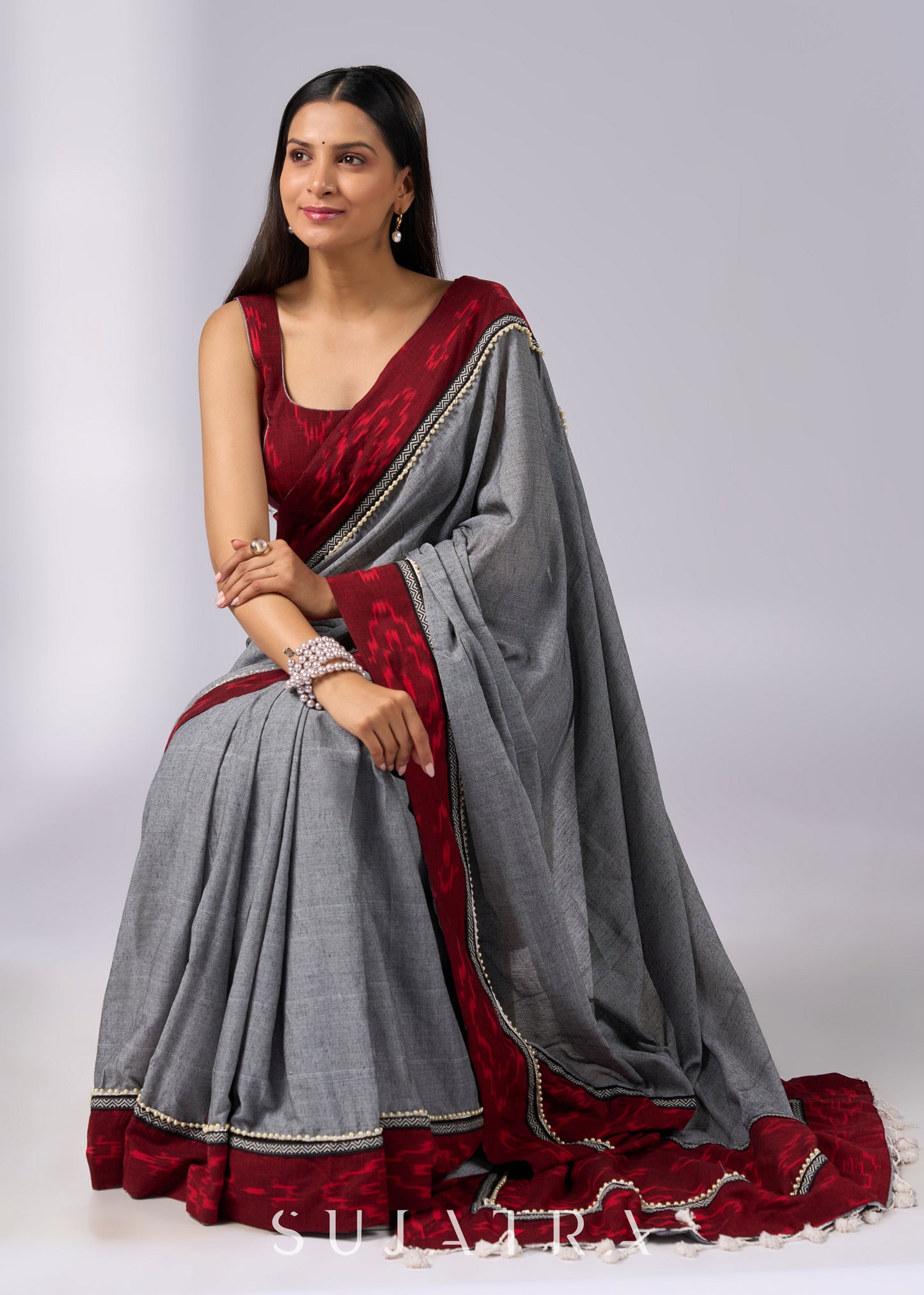 Elegant grey cotton saree with maroon Ikat borders