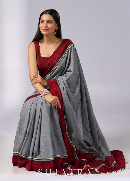 Elegant grey cotton saree with maroon Ikat borders