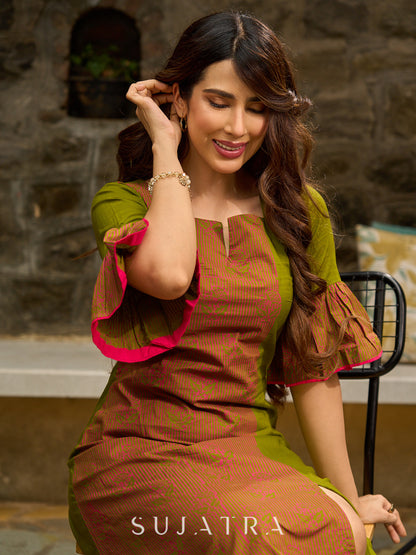 Vibrant Olive Mul Cotton Panelled A-Line Dress with Floral Hand Block Printed Panel & Flared Sleeves